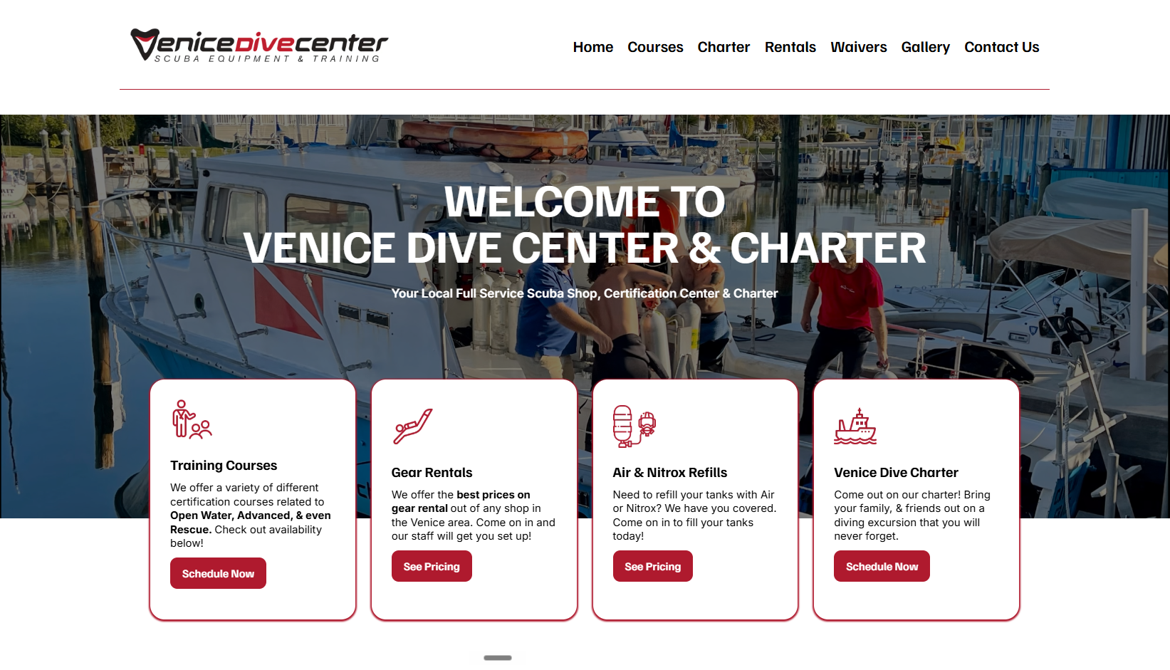 Modern Venice Dive Center website redesign with dive charter imagery and booking-focused service cards