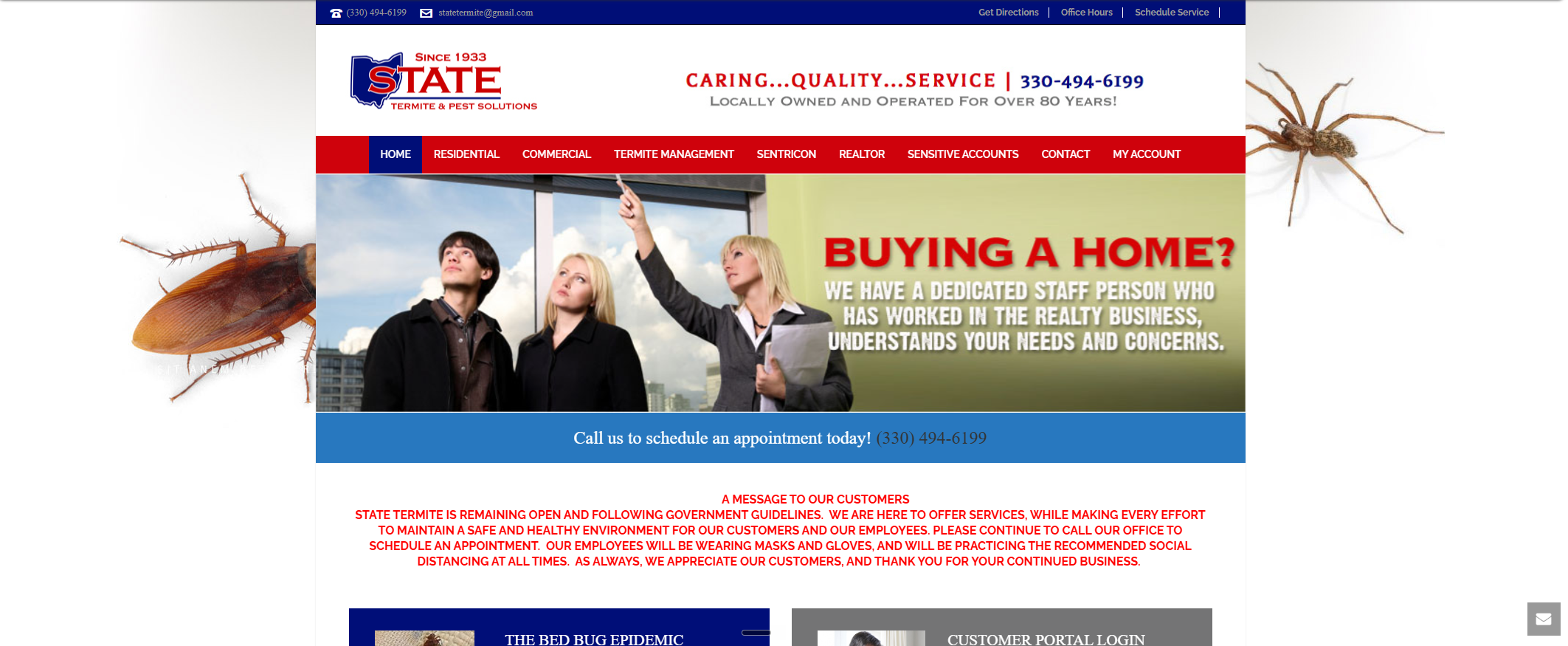 Old State Termite homepage with heavy red and blue navigation and crowded banners, before the redesign